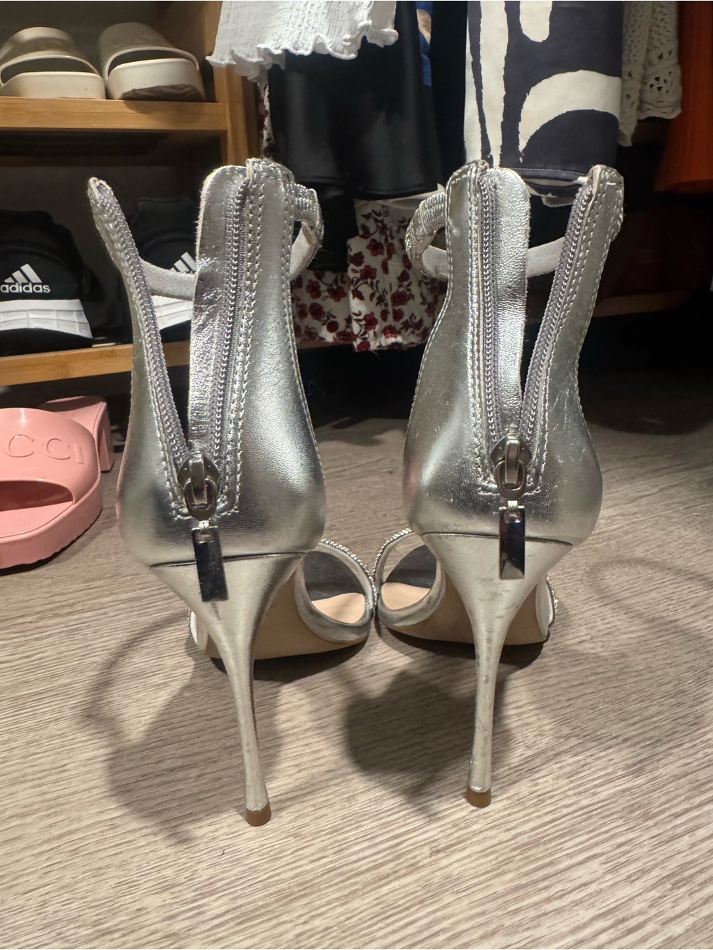 Aqua Silver Metallic Stiletto Heel Sandals with Back Zipper
